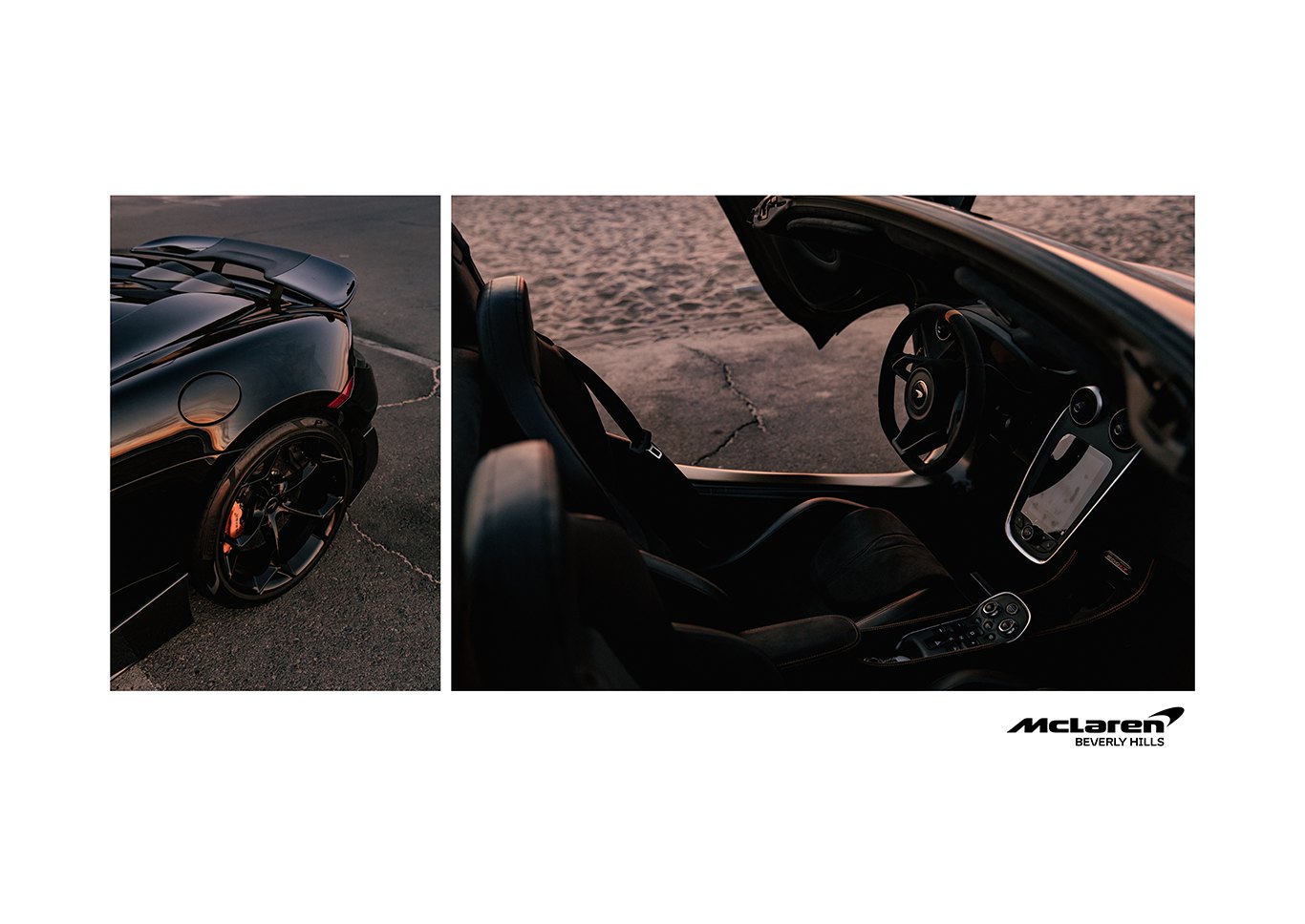 McLaren 600LT – diptych of the rear wheel and wing, and the cockpit by the sand, McLaren Beverly Hills, photo Jon Filin
