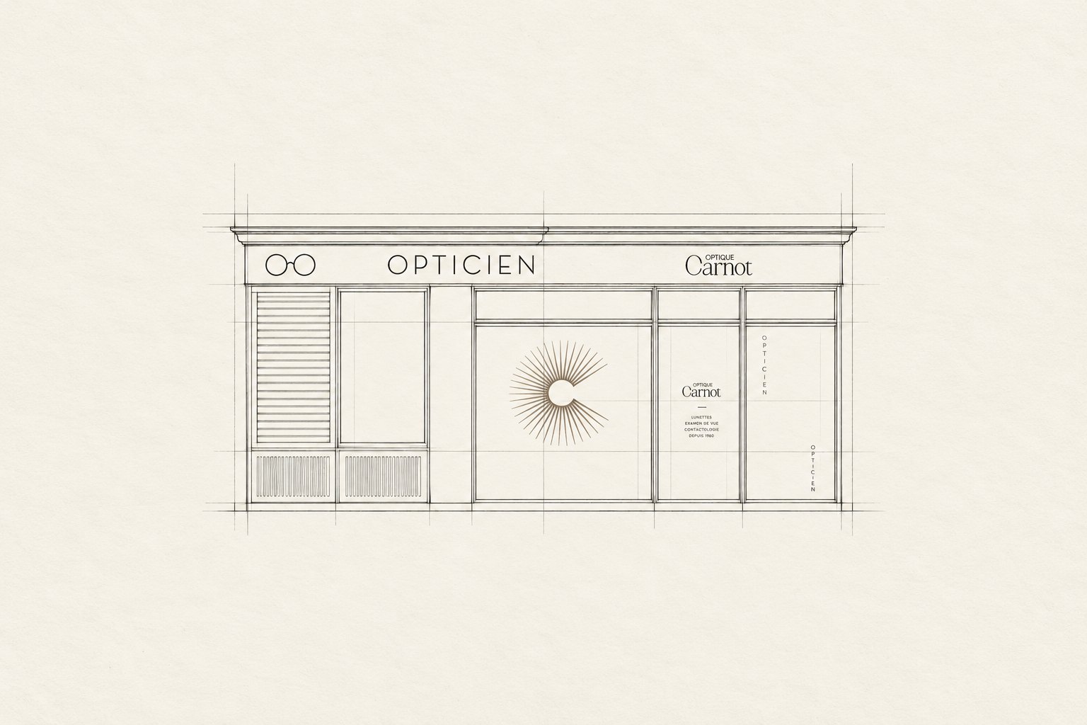 Optique Carnot – shopfront elevation drawing with Opticien fascia and sun monogram, Jon Filin