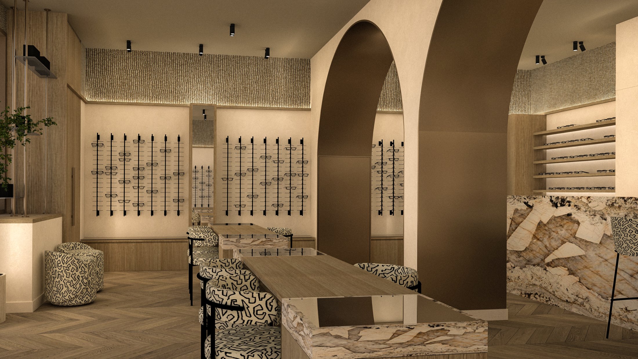 Optique Carnot – fitting tables, frame walls and marble counter, interior architecture by Elise Nezzar and Patricia Da Cunha Fernandes