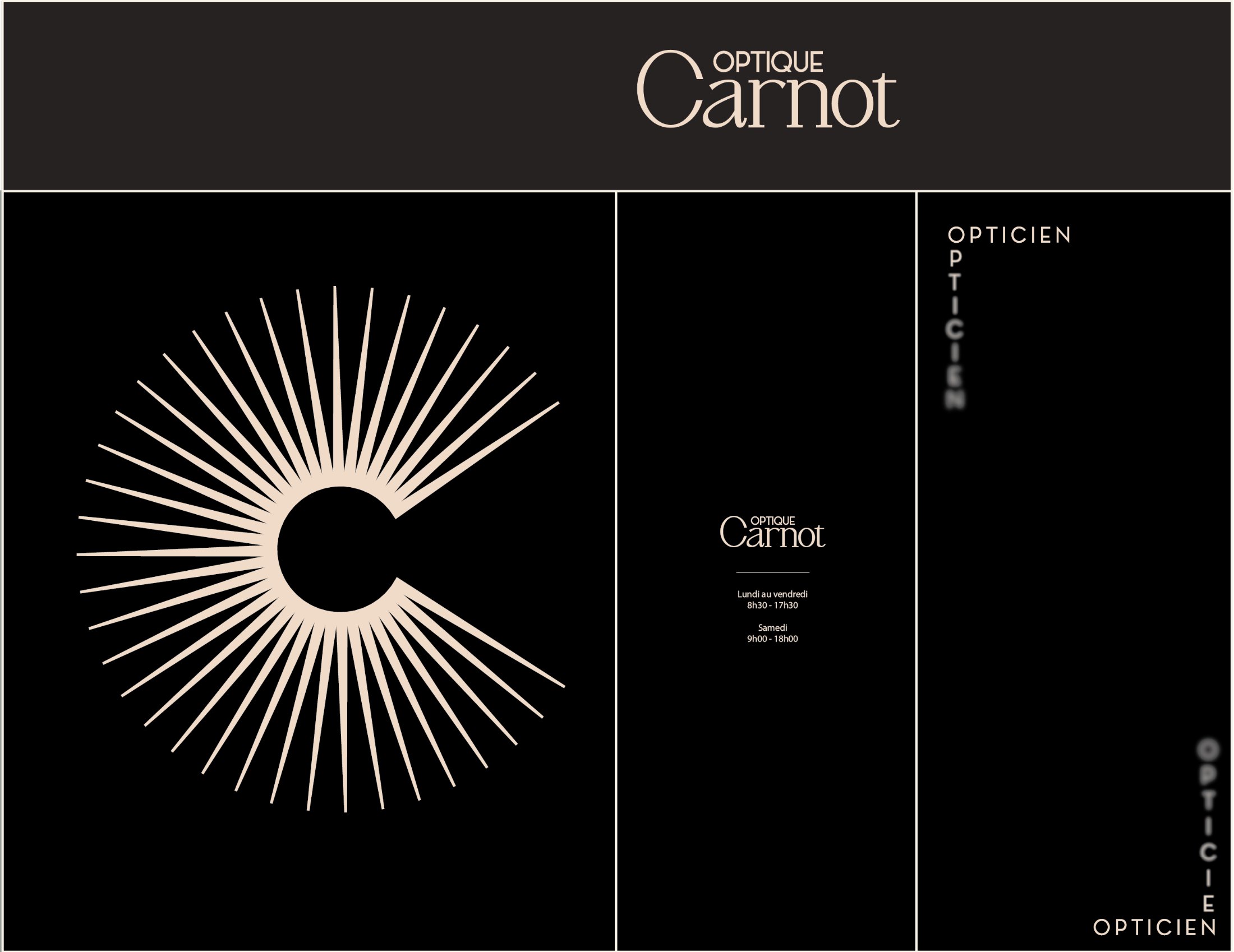 Optique Carnot – shopfront signage plan: fascia logotype, sun monogram on the window, opening hours and vertical Opticien lettering, Jon Filin