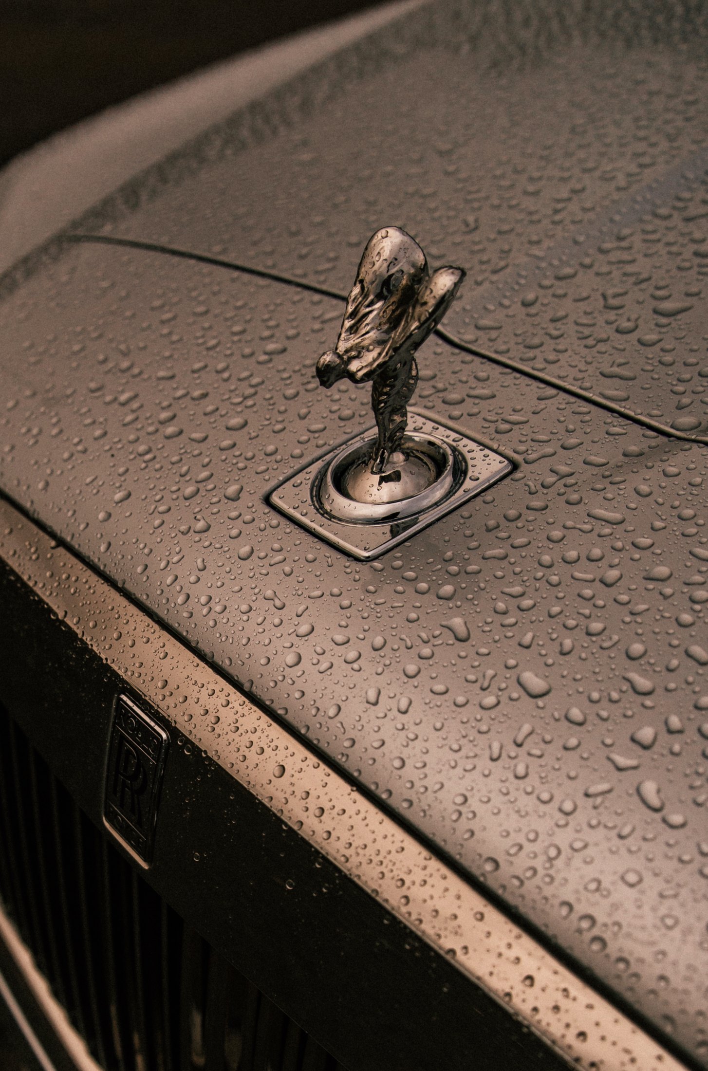 Rolls-Royce Cullinan – Spirit of Ecstasy on the bonnet covered in raindrops, photo Jon Filin