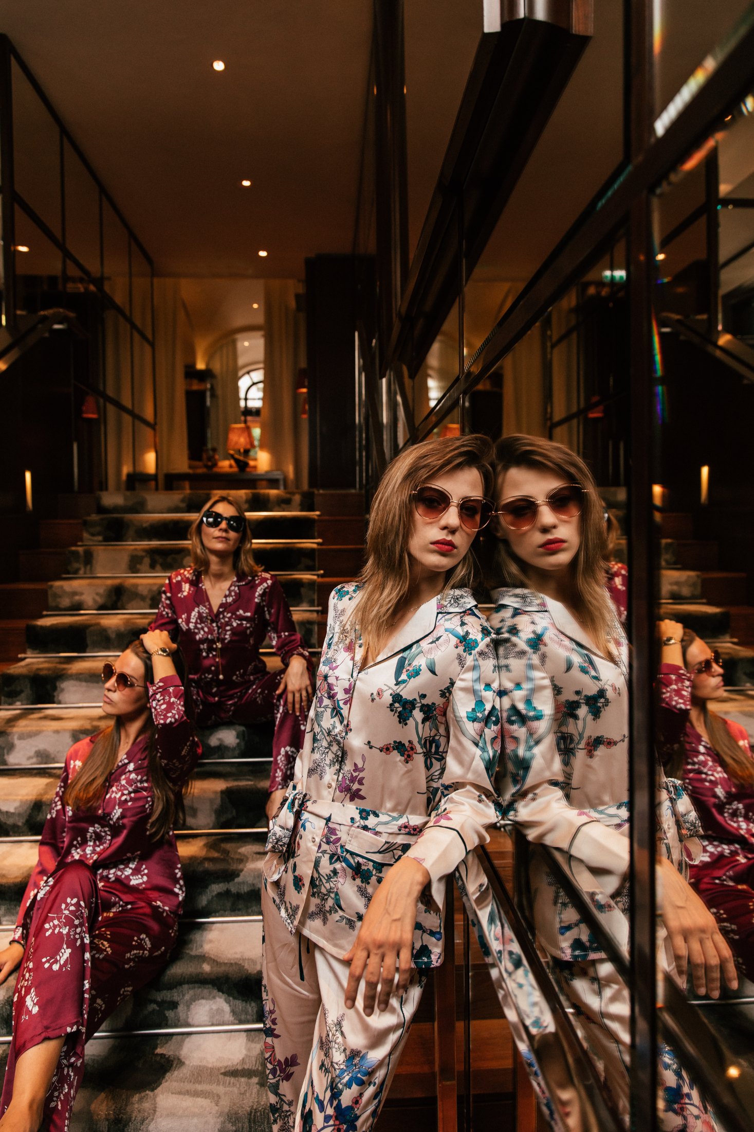 Le Royal Monceau Paris – models in silk pyjamas and sunglasses on the staircase, mirror reflection, Fashion Week series, photo Jon Filin